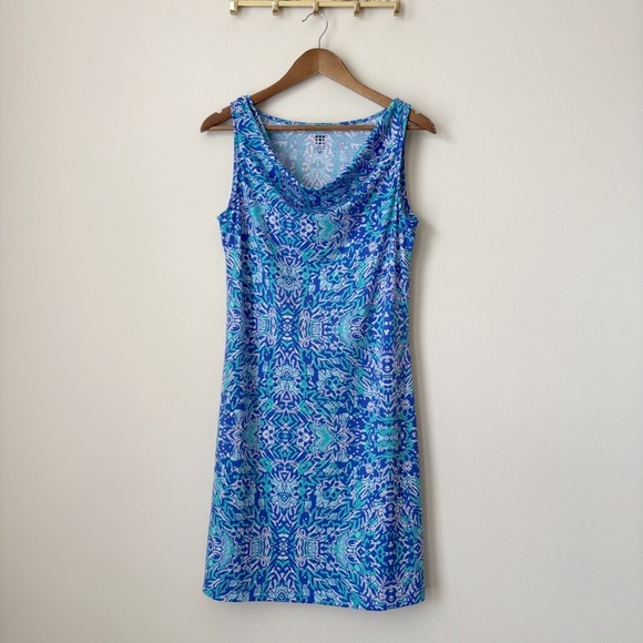 Title Nine Breeze Cowl Neck Dress Medium Blue Sleeveless Geometric Print - Picture 1 of 7